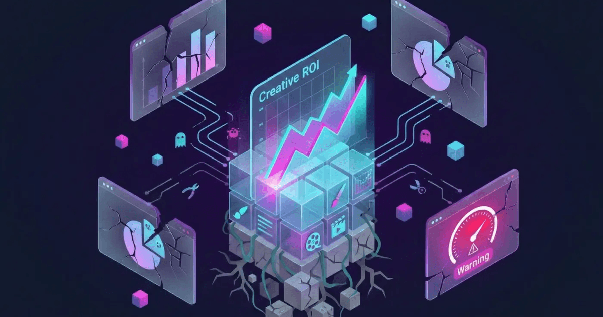 Gemini said Isometric illustration of broken neon dashboards and warning gauges strangling a central 'Creative ROI' graph, symbolizing urgent performance debugging and troubleshooting for account management and client retention.