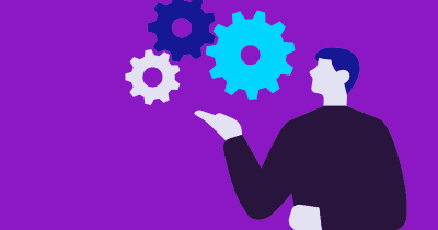 Illustration of a person holding out a hand beneath three floating gears, symbolizing automation or process optimization, on a purple background.