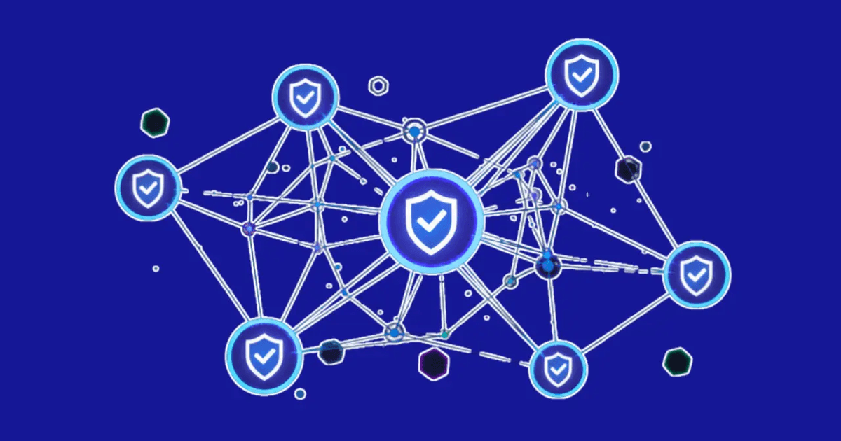 Digital illustration of a secure, connected network of AI or autonomous agents, featuring multiple nodes (systems) linked by lines, with a shield and checkmark icon at the center and on each node, symbolizing Digital Trust