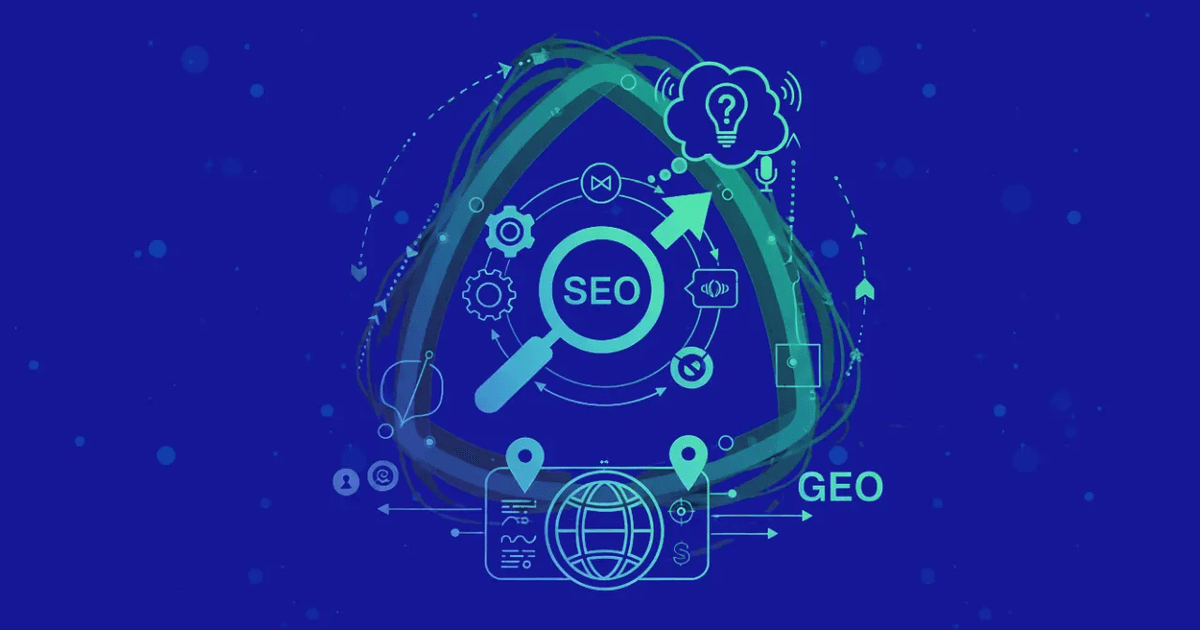 A stylized graphic on a blue background showing the evolution of search. Icons for SEO (magnifying glass), AEO (question mark cloud), and GEO (global location pins) are connected, illustrating their technical progression.