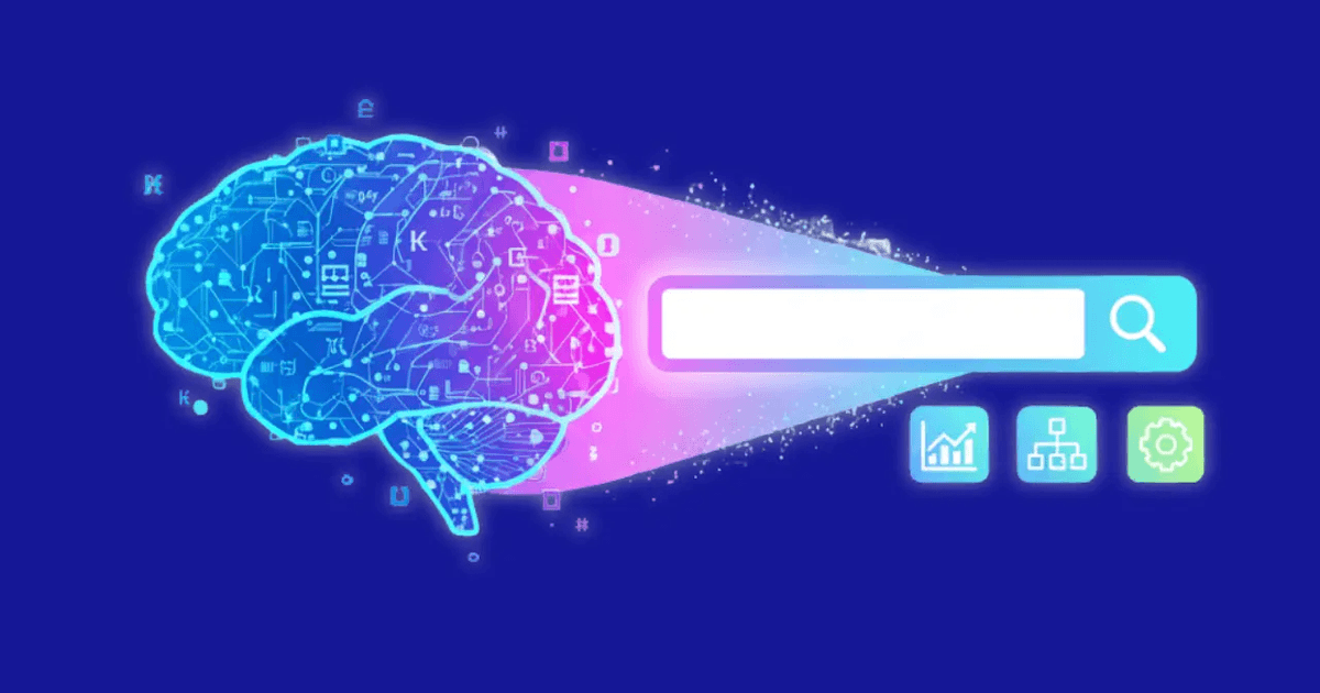 Illustration of a glowing brain and a search bar with icons, representing AI and search (LLMS for SEO)