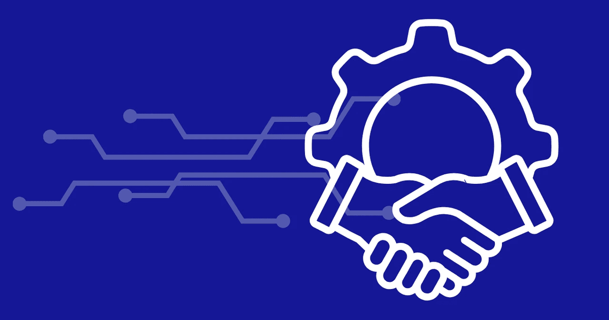 An icon showing two hands shaking in a handshake, superimposed over a large cogwheel, symbolizing agent partnership and mechanics. To the left, several nodes and connecting lines suggest a technological connection.