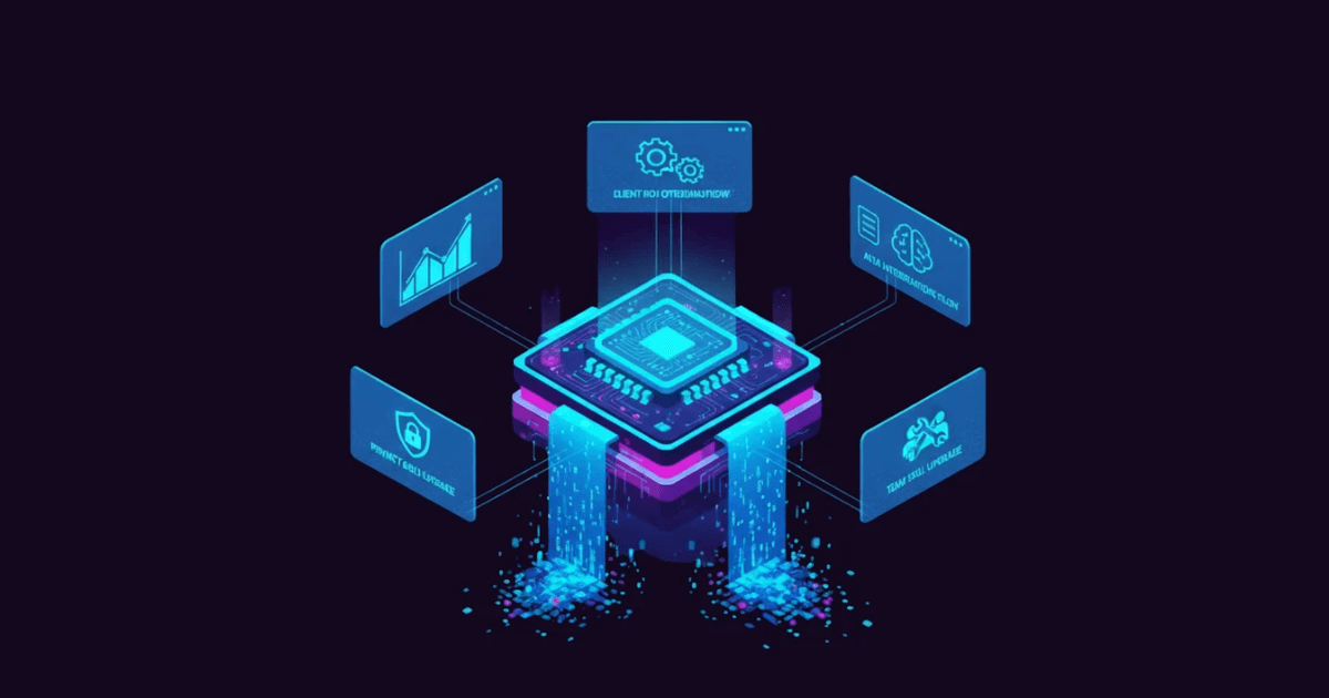 An isometric, neon-styled digital illustration of a glowing central processor chip connected to various floating data dashboards representing analytics, security, and machine learning.