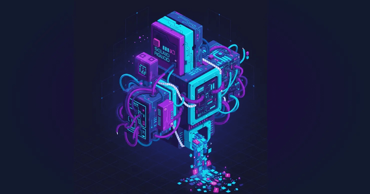 This image is a striking visual metaphor for technical debt, depicting a chaotic, over-engineered system where mismatched components are precariously held together by a mess of dependencies and leaking data.