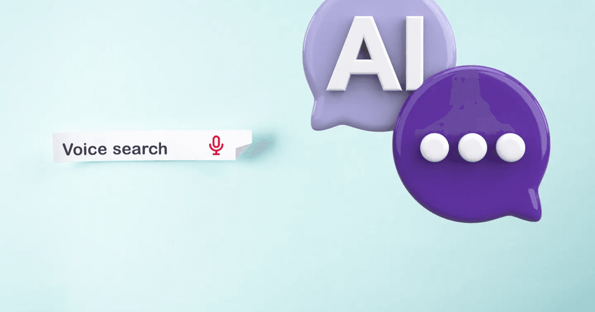 A 3D illustration of AI-powered voice search, featuring a search bar with the words 'Voice search' and a red microphone icon, alongside two speech bubbles—one labeled 'AI' and another with typing dots—against a light blue background.