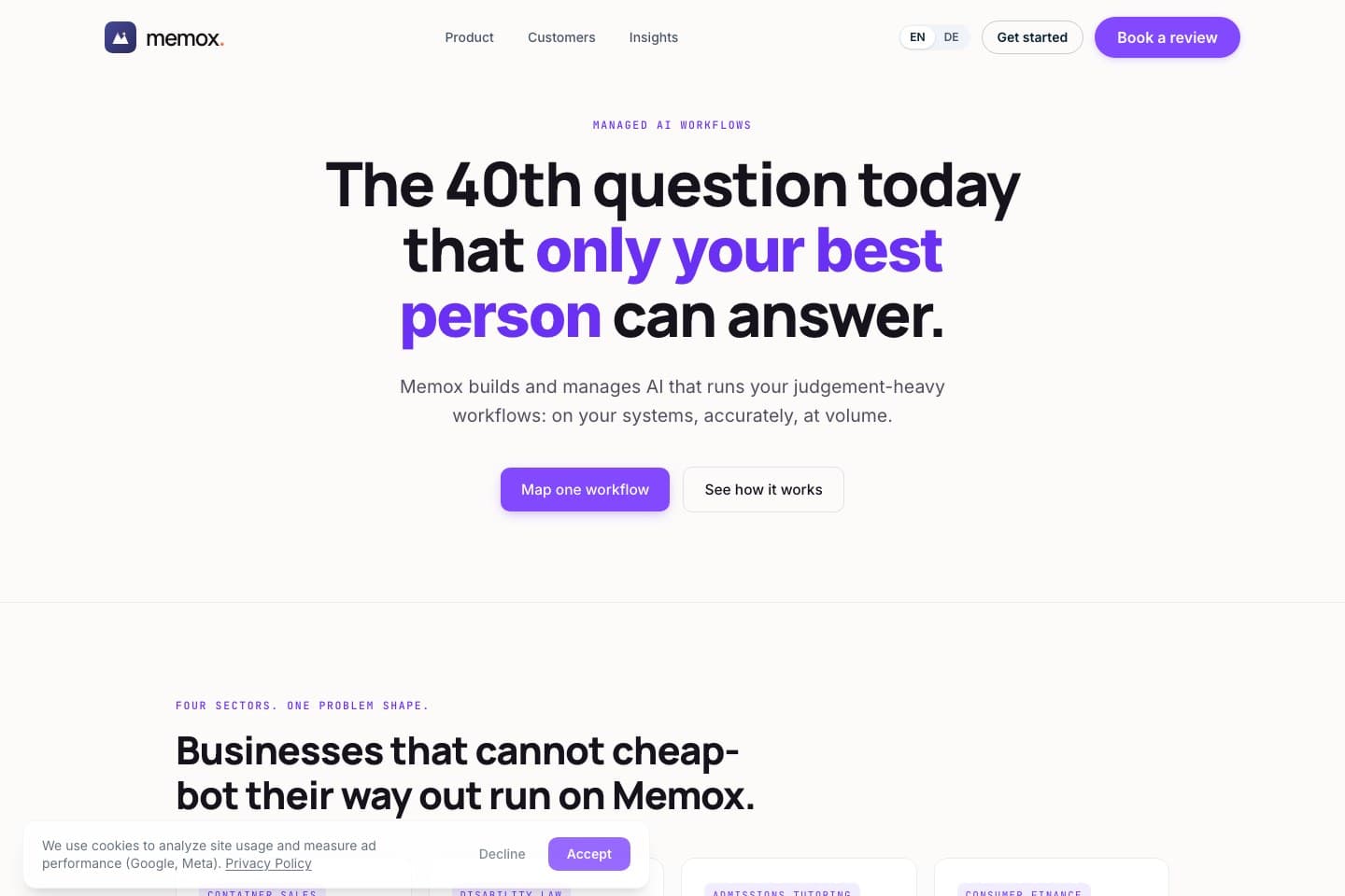 Memox public website introducing its managed AI workflows