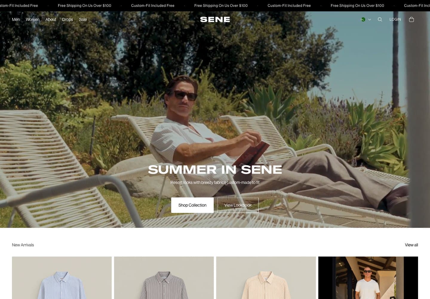 Sene storefront showing its custom-fit clothing collection