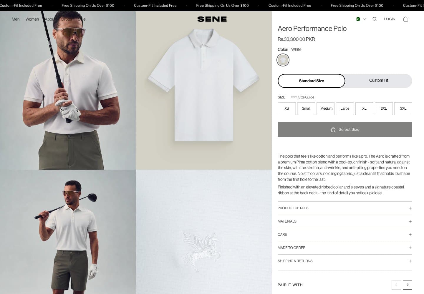 Sene product page offering standard size and custom fit