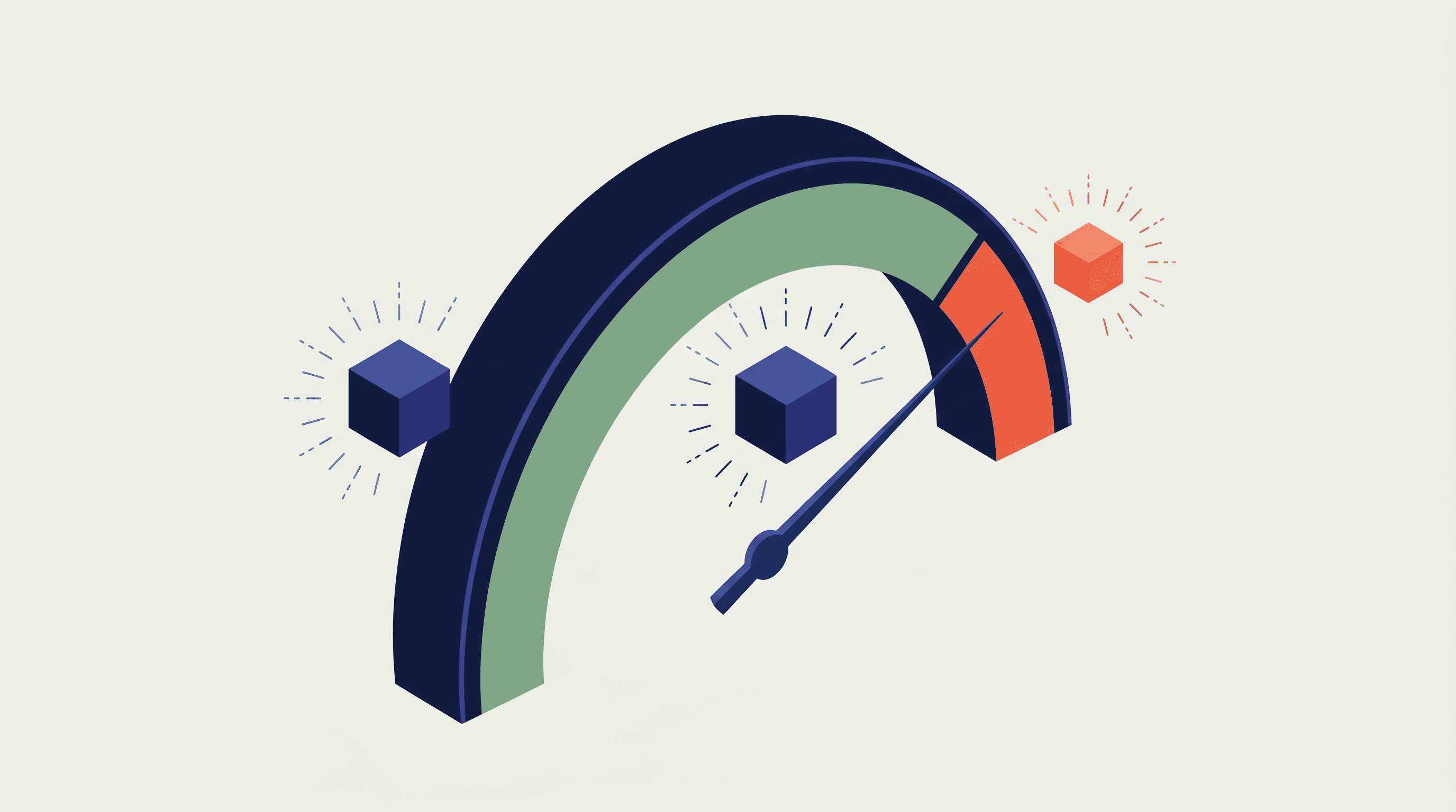 A semicircular performance gauge with the needle in the sage-green safe zone but a vermillion warning band on the right edge; three WebAssembly cube icons float around the gauge, two calm and one pulsing vermillion near the limit.