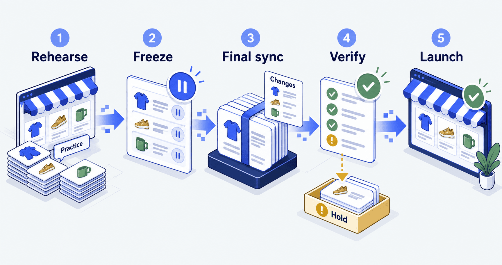 Five stages run from Rehearse through Freeze, Final sync and Verify to Launch, with a Hold branch for unresolved checks.