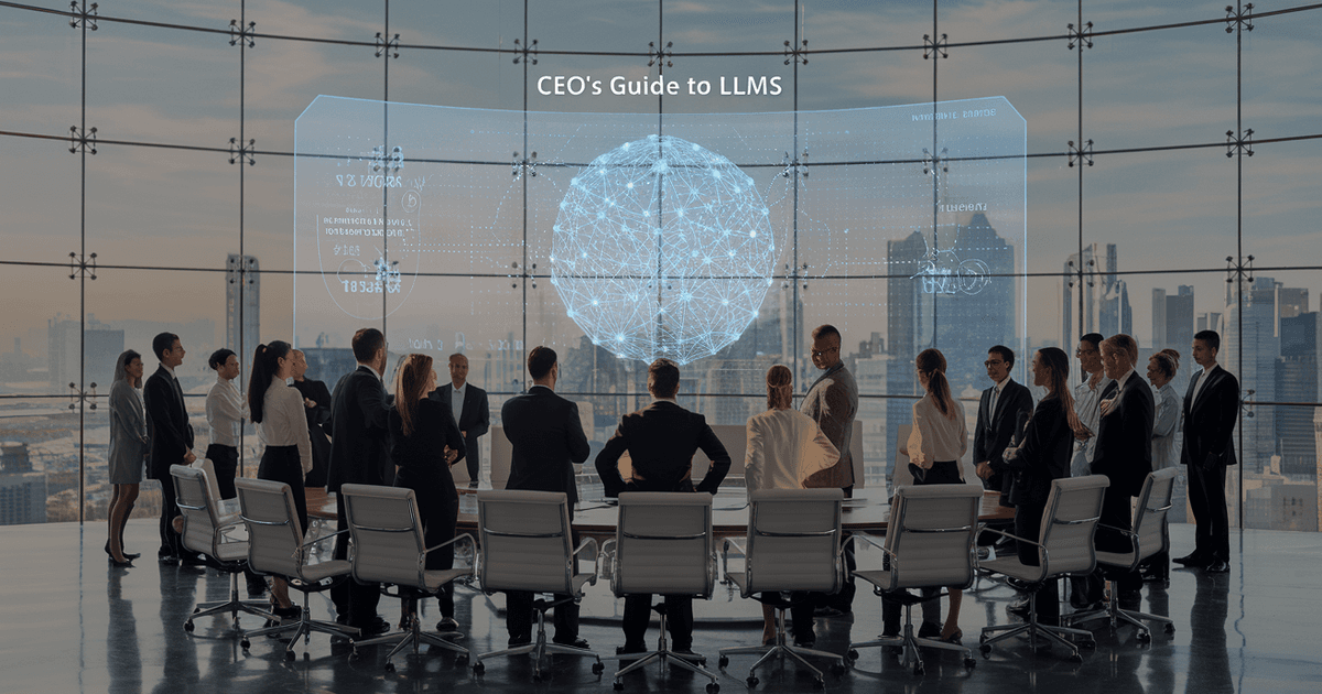 A group of business professionals in a modern conference room attentively observing a futuristic digital interface displaying a neural network, symbolizing AI-powered large language models (LLMs). The city skyline is visible through the glass windows, reinforcing a high-level executive setting.