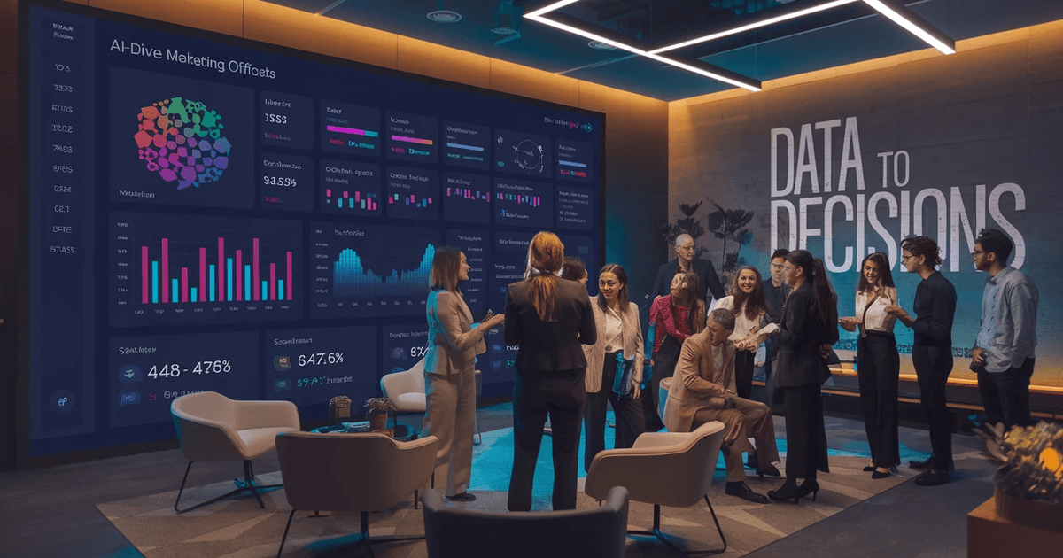 A group of professionals in a modern office setting discusses data-driven strategies in front of a large digital dashboard displaying AI-powered marketing analytics. The dashboard showcases graphs, metrics, and performance statistics under the title "AI-Driven Marketing Offices." The background wall