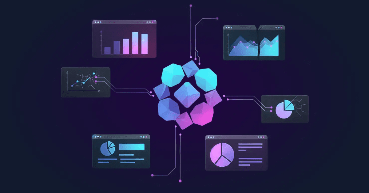 A conceptual digital illustration of a central glowing geometric core connected by circuit lines to various broken or fragmented data dashboards and charts.