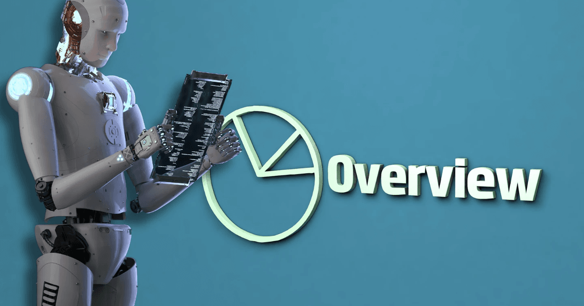 A humanoid robot analyzing data on a futuristic digital tablet, with a glowing pie chart icon and the word 'Overview' displayed on a blue background. Represents AI-driven insights and their impact on SEO.