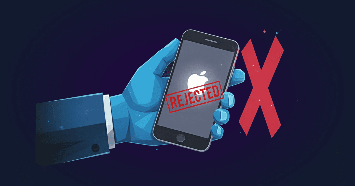 App Store rejection concept illustration showing a smartphone with Apple logo and a red ‘Rejected’ stamp, symbolizing iOS app submission failure.
