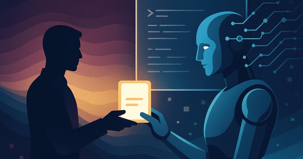 A human figure hands a glowing prompt card to an AI, symbolizing LLM training through human AI collaboration.