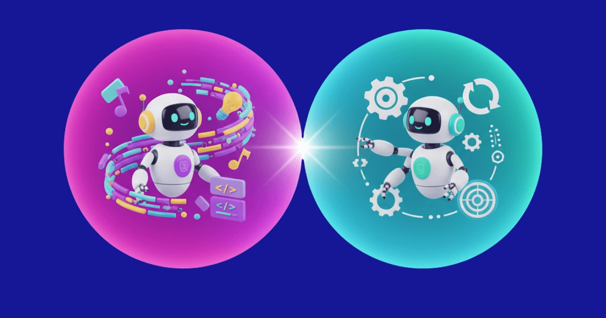 3D illustration of two white robots: one in a pink sphere with creative elements (music, lightbulb, code) and one in a teal sphere with technical elements (gears, targets, refresh icons), connected by a central light beam, representing generative vs agentic ai