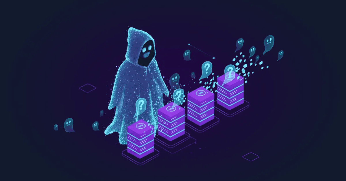 An illustrative representation of technical debt and tag management issues, featuring a hooded digital figure haunting a row of data servers to show how ghost tags and redundant tracking scripts create a digital hoarding problem that leads to CPA inflation.