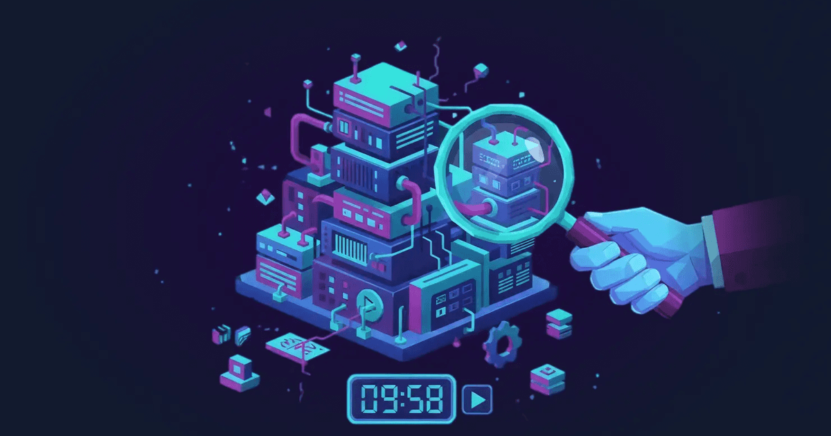 An isometric digital illustration in shades of purple and teal showing a complex, cluttered machine, the "Frankenstack
