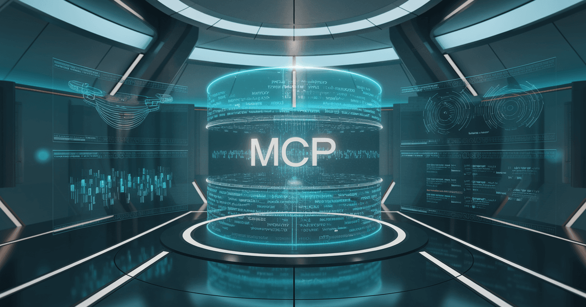 Futuristic digital interface displaying MCP (Model-Context Protocol) concept in a high-tech AI control room