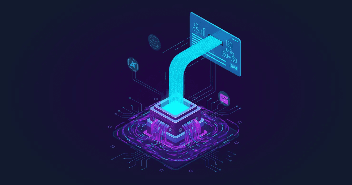 An isometric 3D digital illustration of a glowing data processing hub. A thick stream of binary data flows from the central purple-lit processor into a blue "GA4" interface panel.
