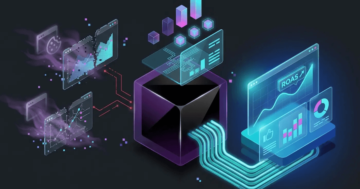 Gemini said An isometric digital illustration showing server-side tagging transforming fragmented browser data into clear ROAS analytics and performance charts.