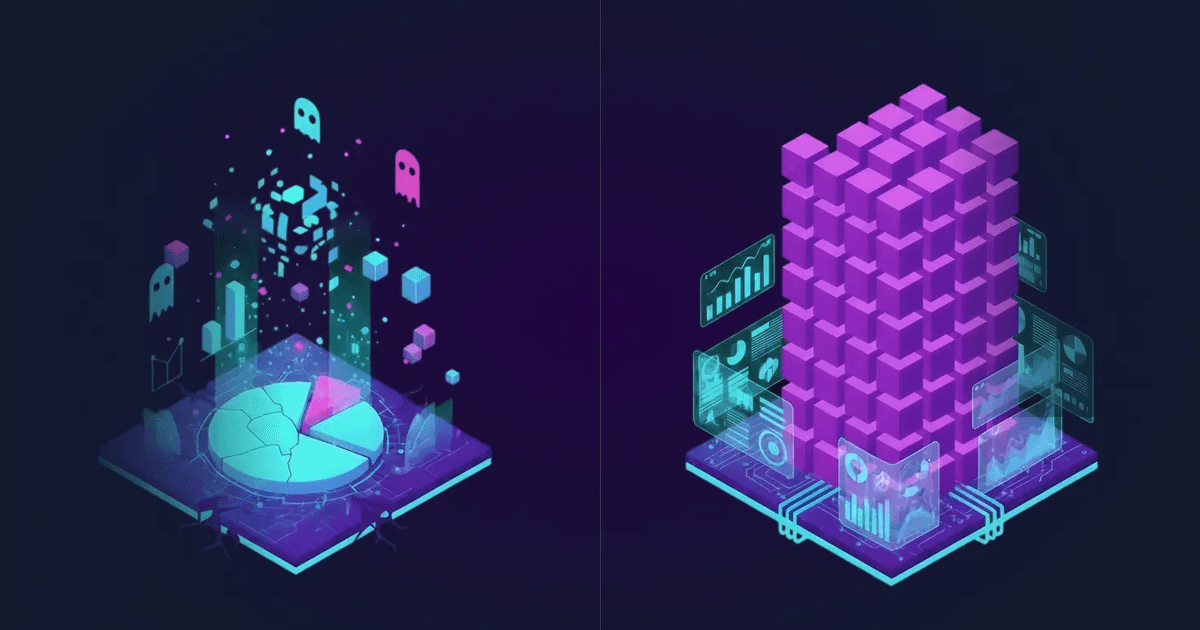 A split-screen 3D isometric illustration contrasting a broken, "ghostly" data pie chart plagued by errors on the left with a solid, towering structure of organized data blocks and clean analytics dashboards on the right.