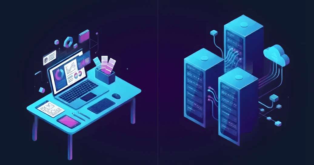Split-screen illustration of a designer’s desk and a complex server stack, highlighting how creative agencies are drawn into backend technical work.