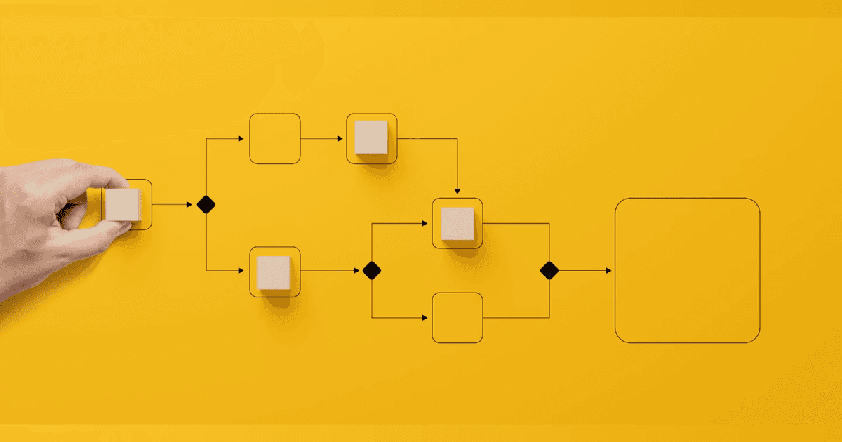 Hand assembling a structured workflow diagram with wooden blocks on a yellow background, representing process automation and workflow management.