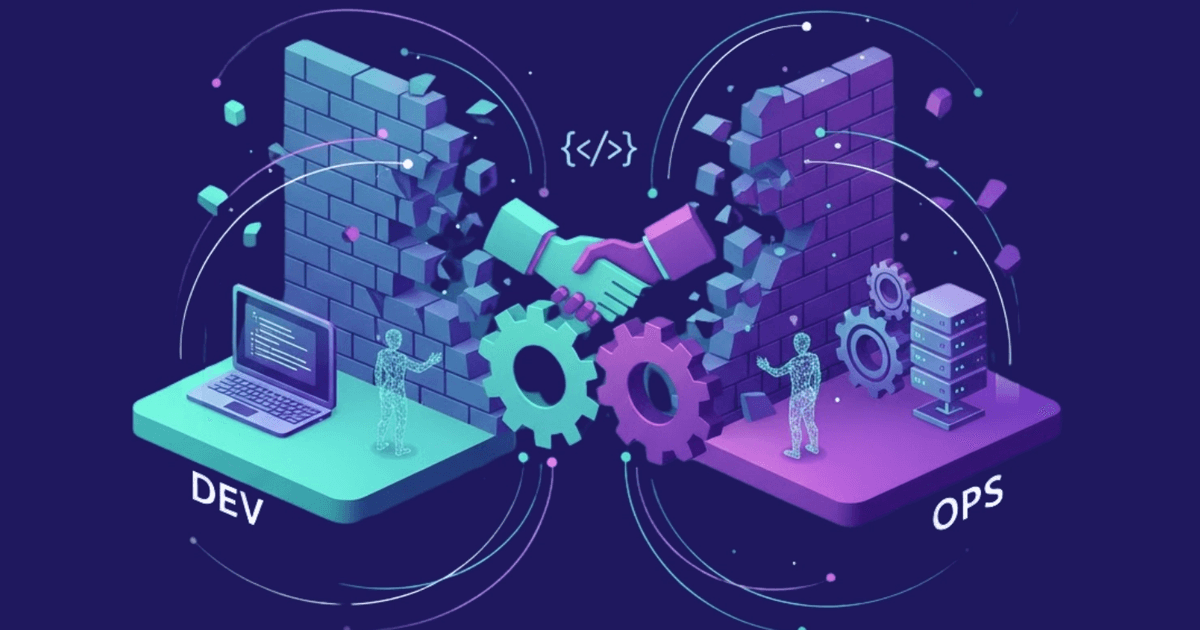 A 3D illustration explaining what DevOps is: a handshake and interlocking gears breaking down the wall between the 'DEV' (development) platform and the 'OPS' (operations) platform.