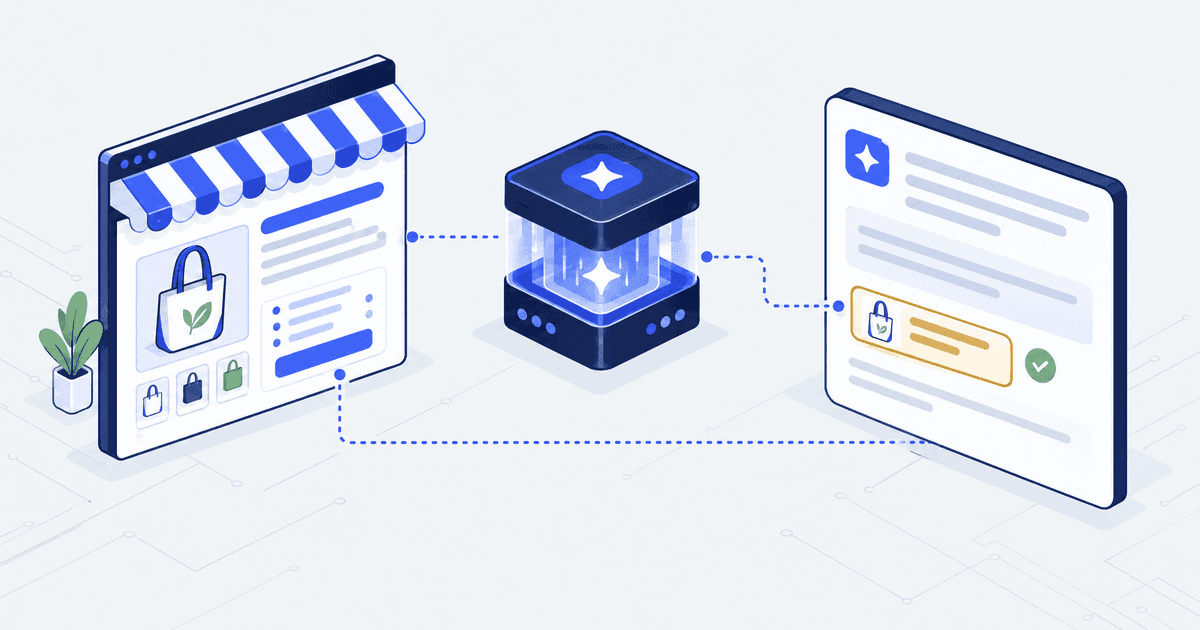 A store product page for a tote bag connects through an answer engine to a chat answer that cites the same product page in a highlighted, checked source card.