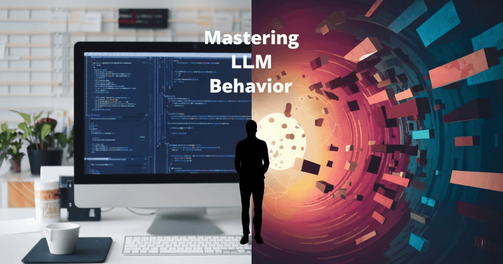 A split-screen digital illustration: the left side shows a modern workspace with a computer displaying code, representing structured and deterministic AI behavior. The right side features an abstract, futuristic visualization with floating geometric shapes, symbolizing the complexity and unpredictab