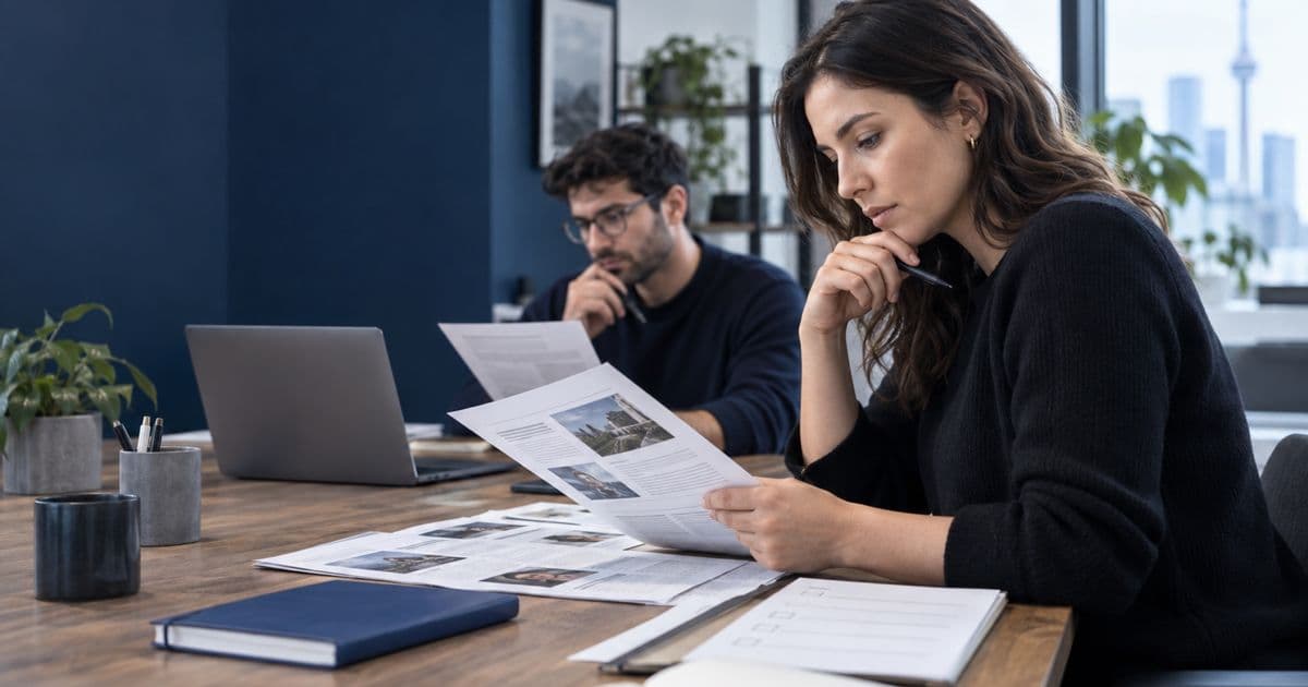 Two people review printed materials at a worktable.