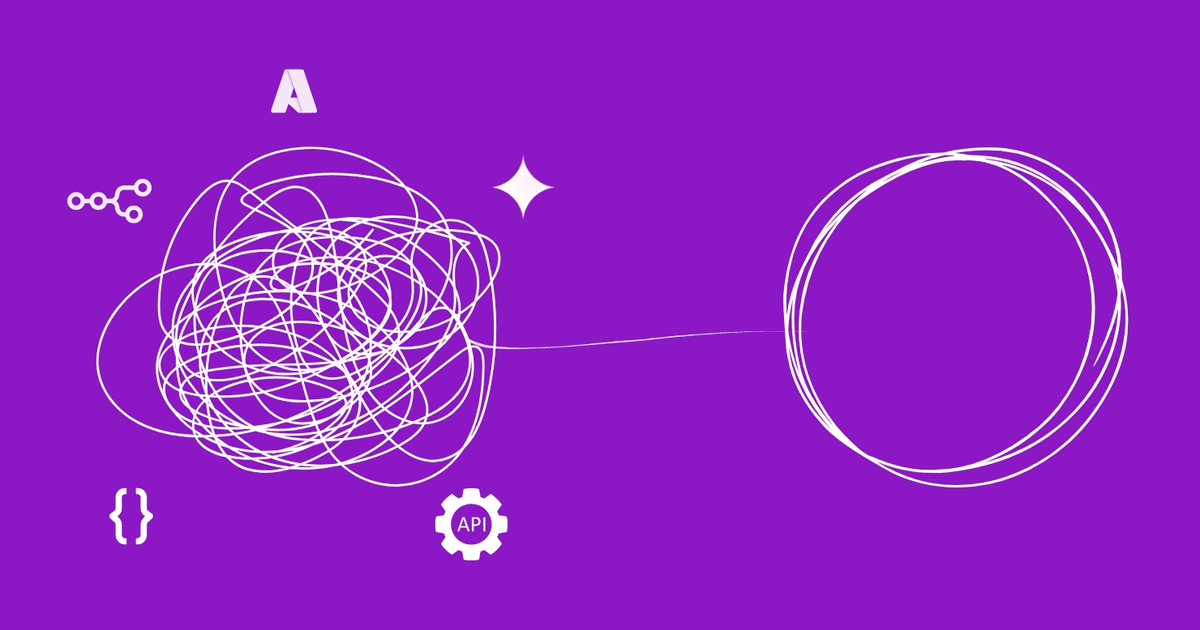 Illustration of a tangled ball of lines transforming into a neat circle, symbolizing turning complex automation jargon (API, JSON, triggers) into simple workflows using n8n.