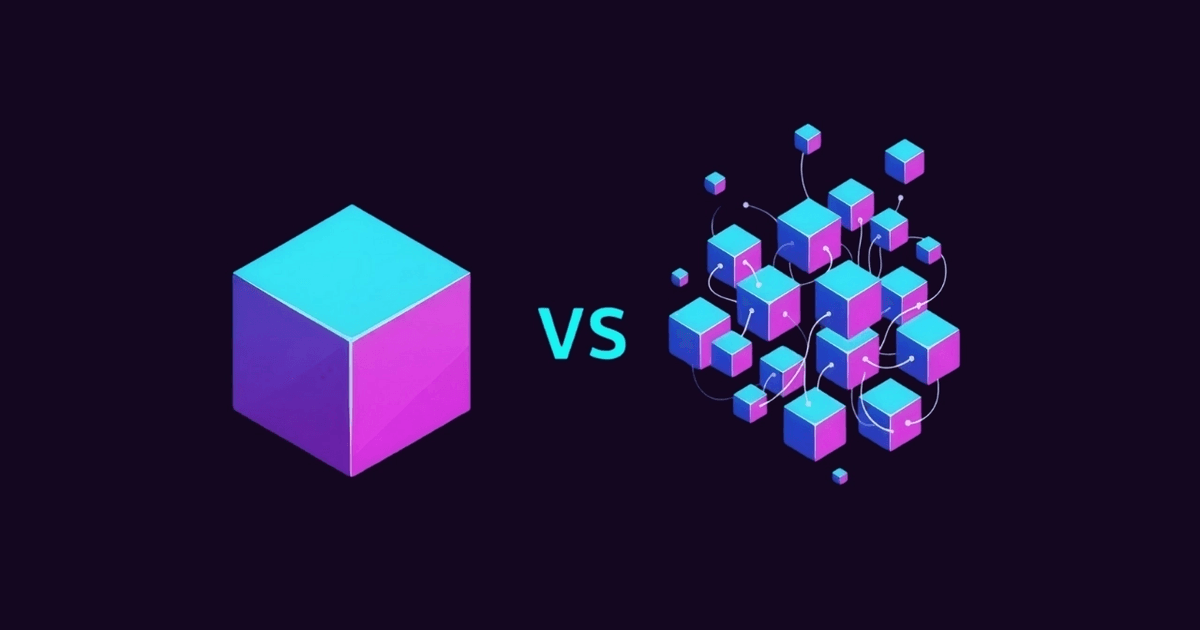 Conceptual illustration of software architecture types: A single, solid cube representing a Monolith versus a distributed cluster of smaller, interconnected cubes representing Microservices.