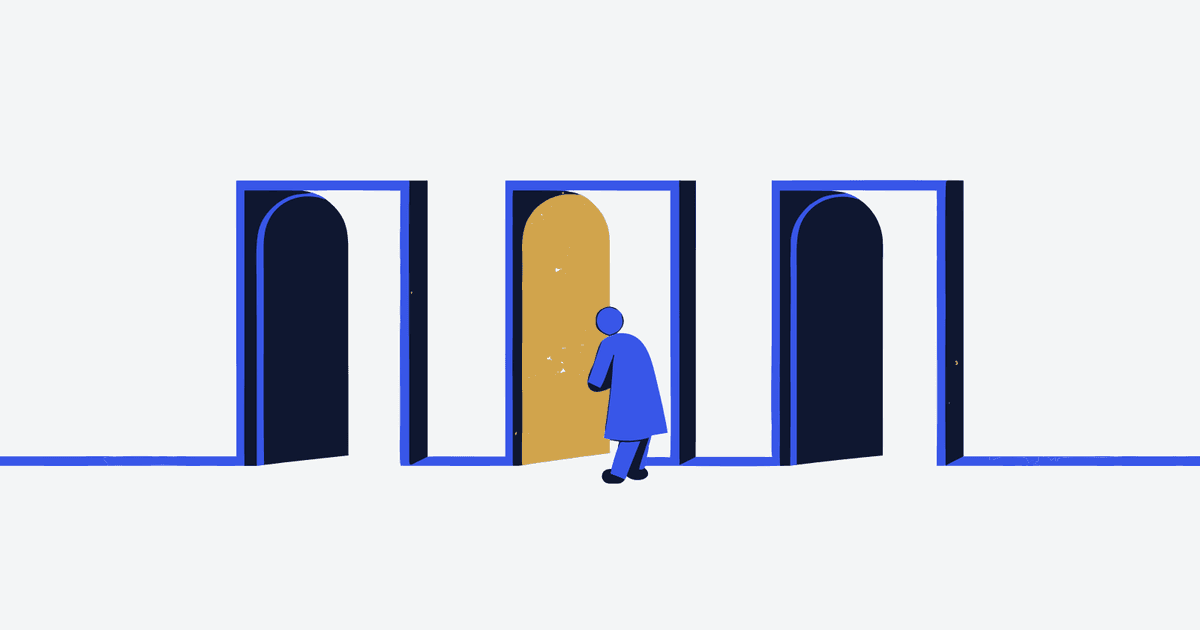 Flat mid-century geometric poster of three doorways, with the middle doorway lit, illustrating a choice between three AI assistants.