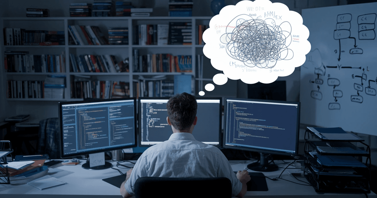 A programmer sitting at a desk with multiple monitors displaying code, symbolizing the complexity of prompt engineering. A thought bubble above their head shows a tangled web of lines and text, representing the challenges of structuring effective prompts for large language models (LLMs).
