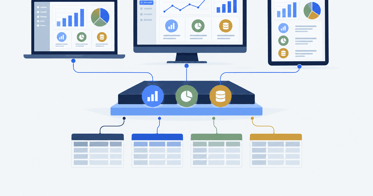 Editorial illustration of a governed semantic layer translating source tables into a shared business metric.