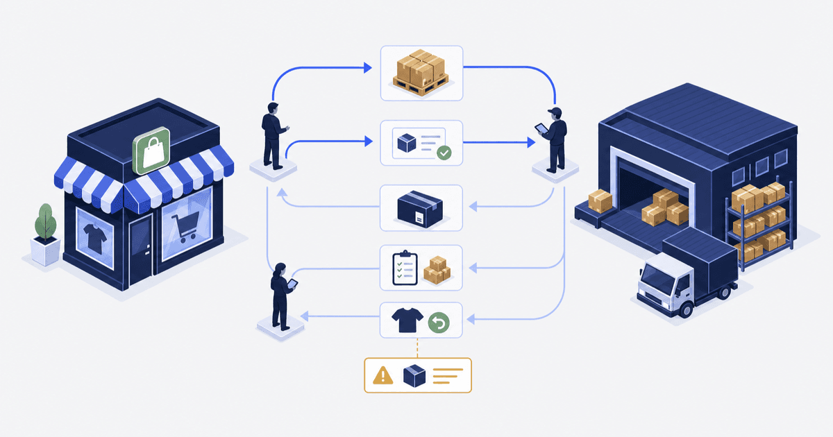 A storefront on the left and a third party warehouse on the right, joined by five paths carrying a pallet, an order card, a parcel, a stock count and a returned item, with operators standing at the handoffs and an exception card below them.
