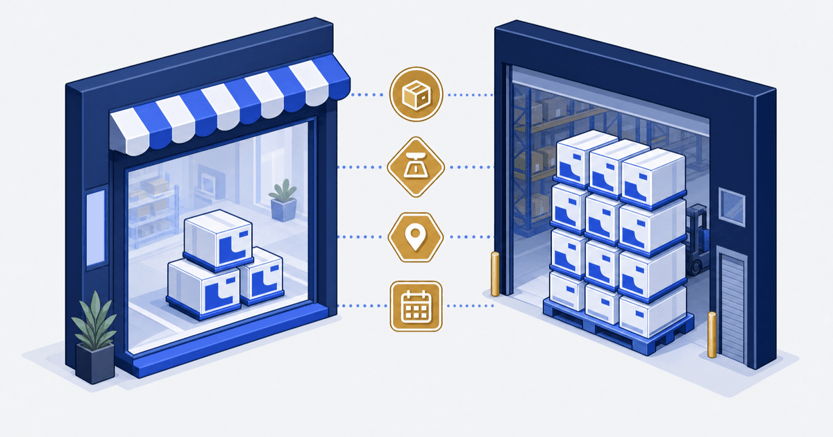 A storefront window holding three boxes faces a warehouse holding twelve of the same box, with four separate marker badges sitting in the gap between the two.