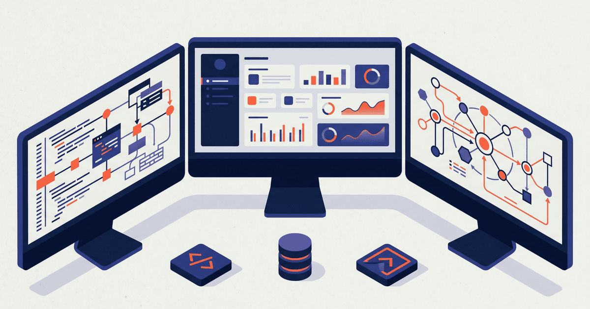 Editorial flat illustration of a Shopify Plus developer workspace with multiple monitors showing code, admin panels, and checkout flow diagrams in parchment, midnight, and vermillion.