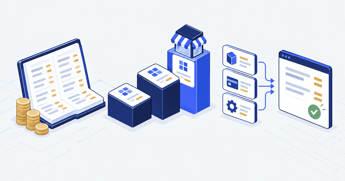 An open ledger beside stacks of gold coins, three plan blocks rising in height with a storefront on the tallest, and add-on cards for an app, a payment card and settings feeding into a checked total.