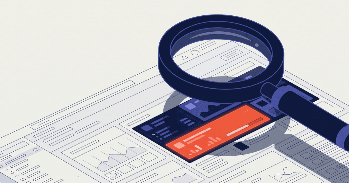 Stylized magnifying glass examining a Shopify Plus admin dashboard, with one section highlighted in vermillion indicating a critical finding.