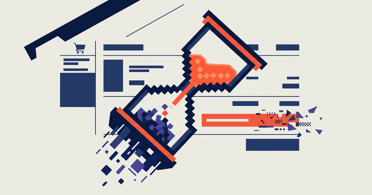 Pixel-block hourglass dissolving over a fragmented Shopify checkout interface.