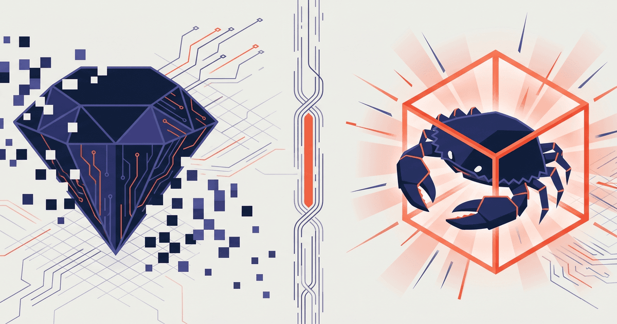 Ruby gem dissolving into pixel-blocks on the left, Rust crab emerging from a WebAssembly cube on the right, separated by a vertical divider with code-line decoration.