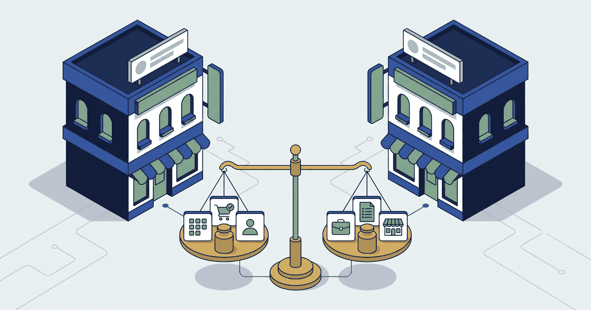 Two storefront towers of equal height face each other across a set of balance scales. The left scale pan holds tiles labelled apps, checkout and hiring, the right pan holds tiles labelled B2B, catalogue rules and storefronts, and a gold weight labelled gateway fee now sits on both pans.