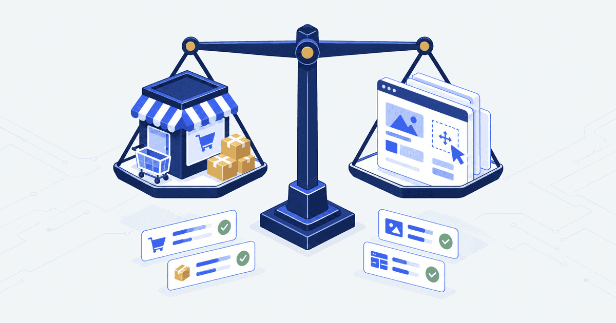 A balance scale holding a storefront with a shopping cart and parcels on one side and a stack of drag-and-drop page layouts on the other, with checked comparison cards below.