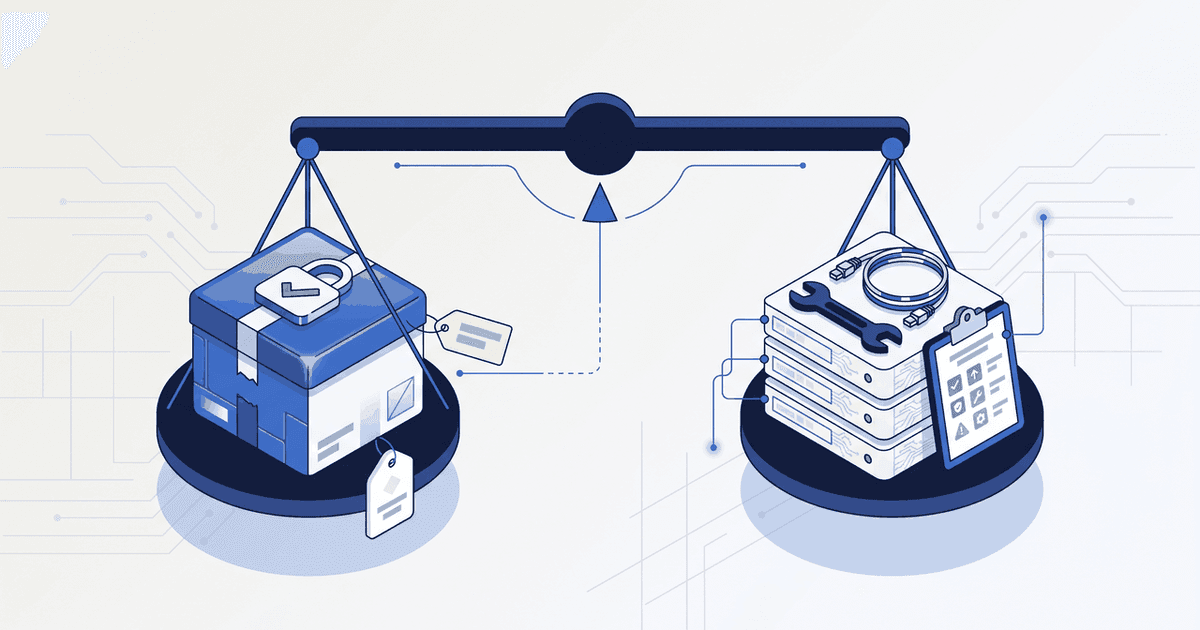 A balance scale seen from the side. On the left pan sits a sealed managed storefront box with a monthly price tag and a padlock stamped on its lid. On the right pan sits an open server rack of stacked plugin cards with a wrench, a patch cable and a clipboard of maintenance jobs resting on top. Both