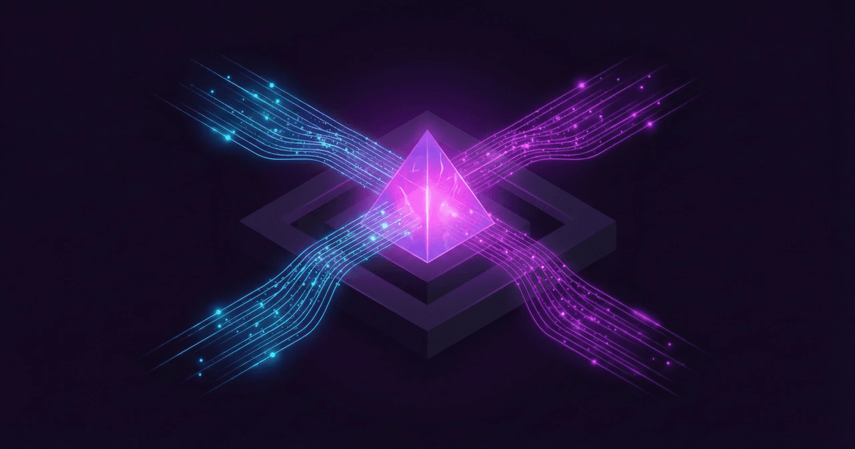 sometric 3D illustration representing Unified Marketing Measurement (UMM) Triangulation, showing distinct cyan and purple data streams (representing MMM and MTA) merging into a central glowing prism to create a single source of truth.