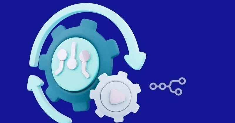 A 3D graphic of two interlocking gears. An arrow cycles around them, symbolizing a continuous workflow or process. Inside the larger gear, there's an abstract branching diagram.